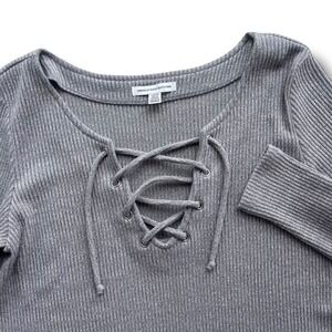 American Eagle Women's Sm Light Gray Ribbed Lace Up Long Sleeve Sweater Y2K Chic